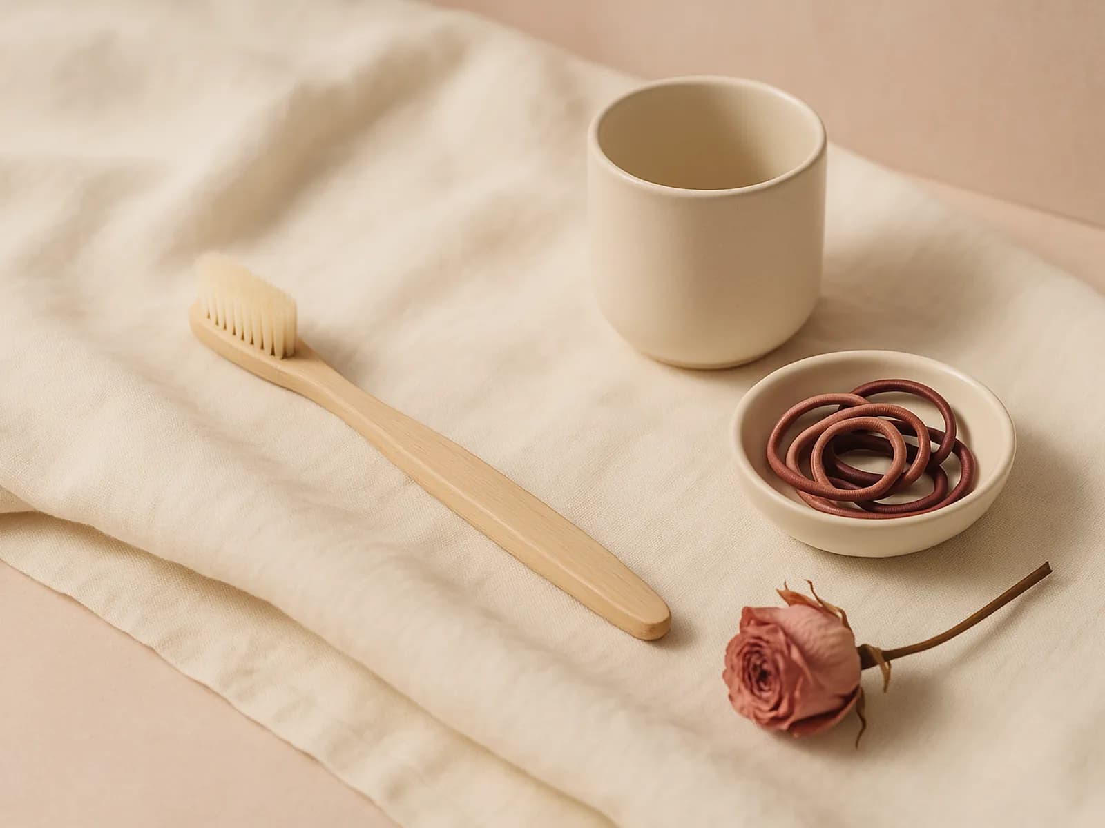 Sikat gigi berbulu lembut, gelas keramik krem, dan mangkuk kecil berisi karet berwarna rose dan burgundy di atas kain linen, ilustrasi warna karet behel yang cocok