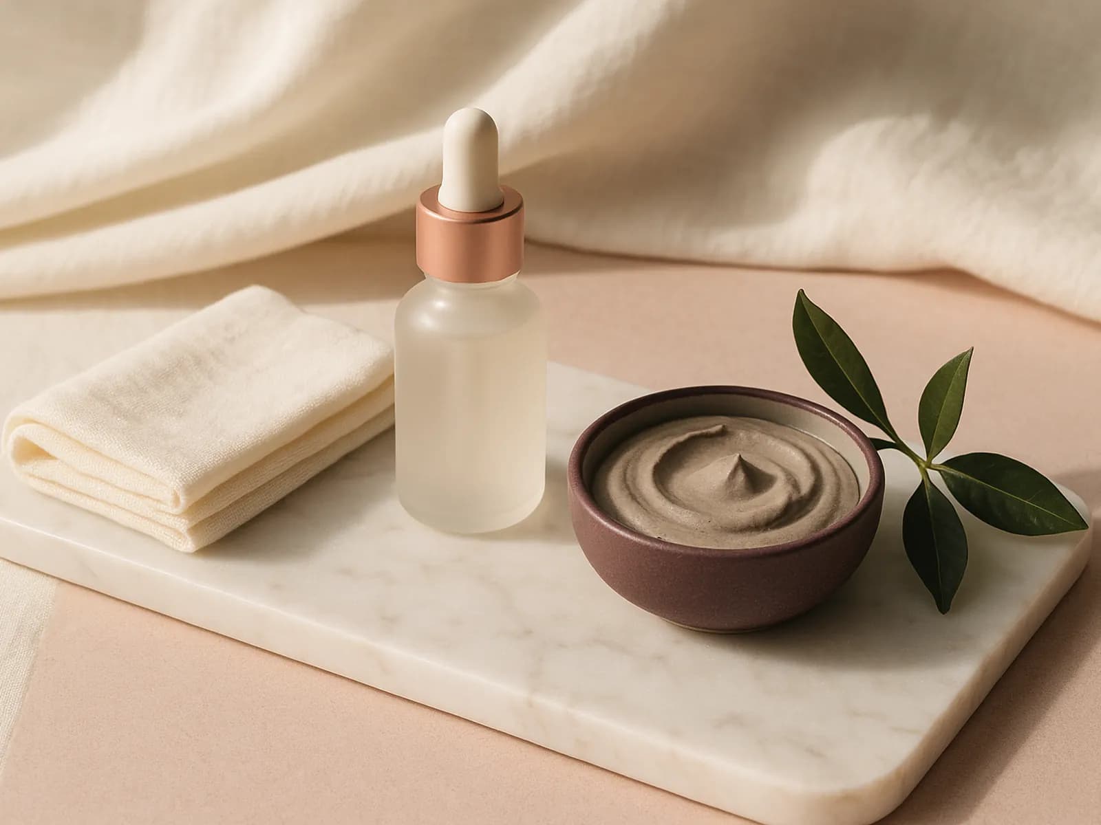 Botol serum kaca, mangkuk masker clay, dan kain muslin di atas nampan marmer, ilustrasi cara mengecilkan pori-pori wajah