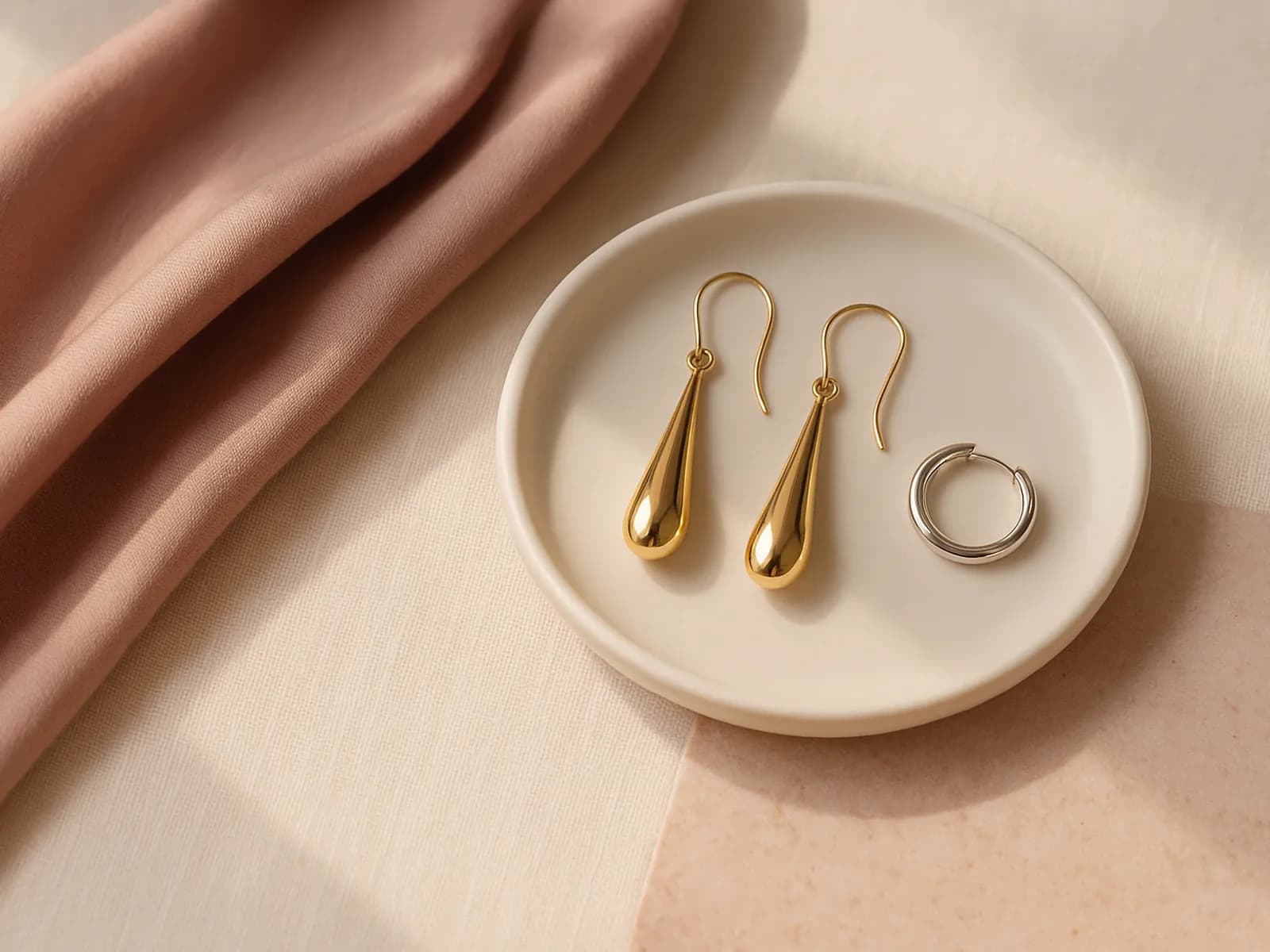 Anting emas model teardrop dan anting hoop perak di atas piring keramik krem dengan kain sutra warna rose, ilustrasi model anting sesuai bentuk wajah