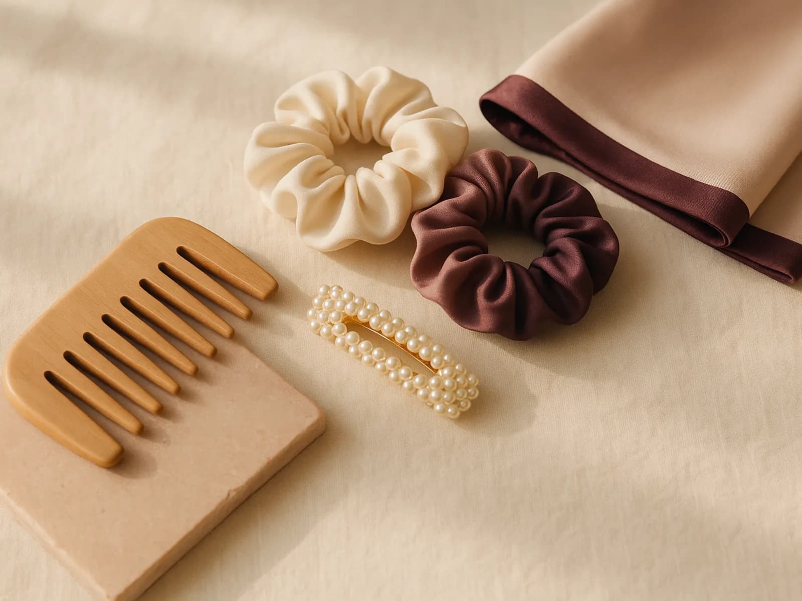 Sisir kayu bergigi jarang, scrunchie kain, jepit mutiara, dan syal sutra di atas kain linen, ilustrasi tatanan rambut tanpa rontok