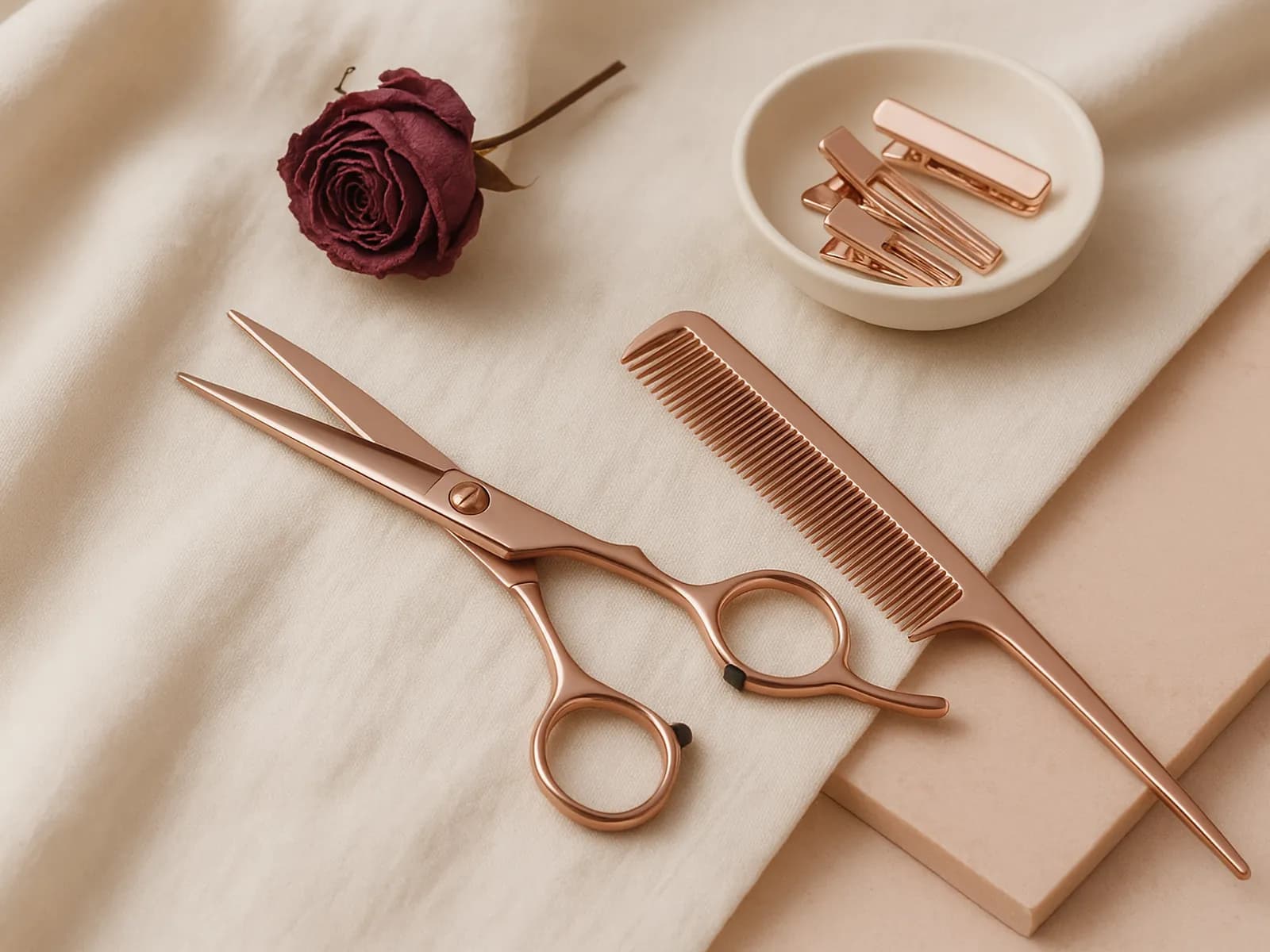 Gunting rambut rose gold, sisir, dan jepit rambut di atas kain linen krem dengan mawar kering, ilustrasi model poni sesuai bentuk wajah