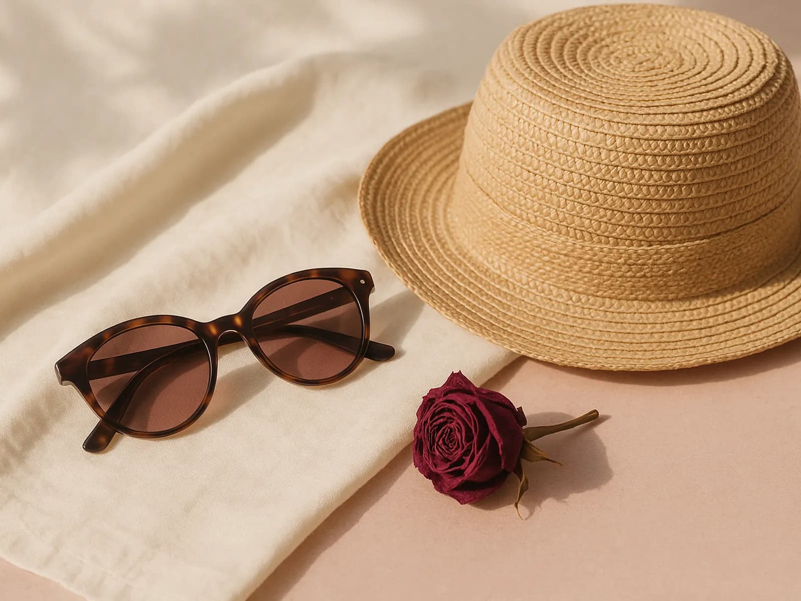 Sunglasses motif tortoiseshell dan topi jerami di atas kain linen krem dengan sinar matahari lembut, ilustrasi sunglasses sesuai bentuk wajah