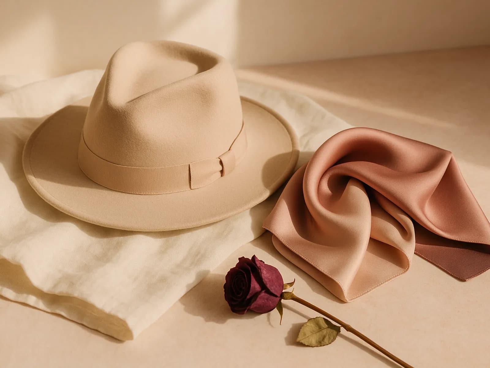 Topi fedora krem bertepi lebar di atas kain linen dengan syal sutra dan mawar kering, ilustrasi model topi sesuai bentuk wajah