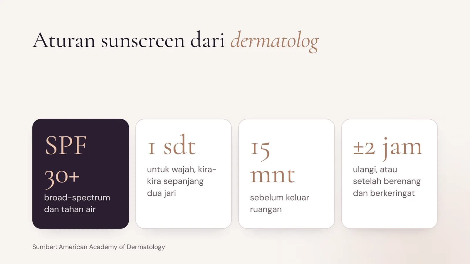 Aturan sunscreen dari dermatolog: SPF 30 atau lebih, satu sendok teh untuk wajah, 15 menit sebelum keluar, ulangi sekitar tiap 2 jam