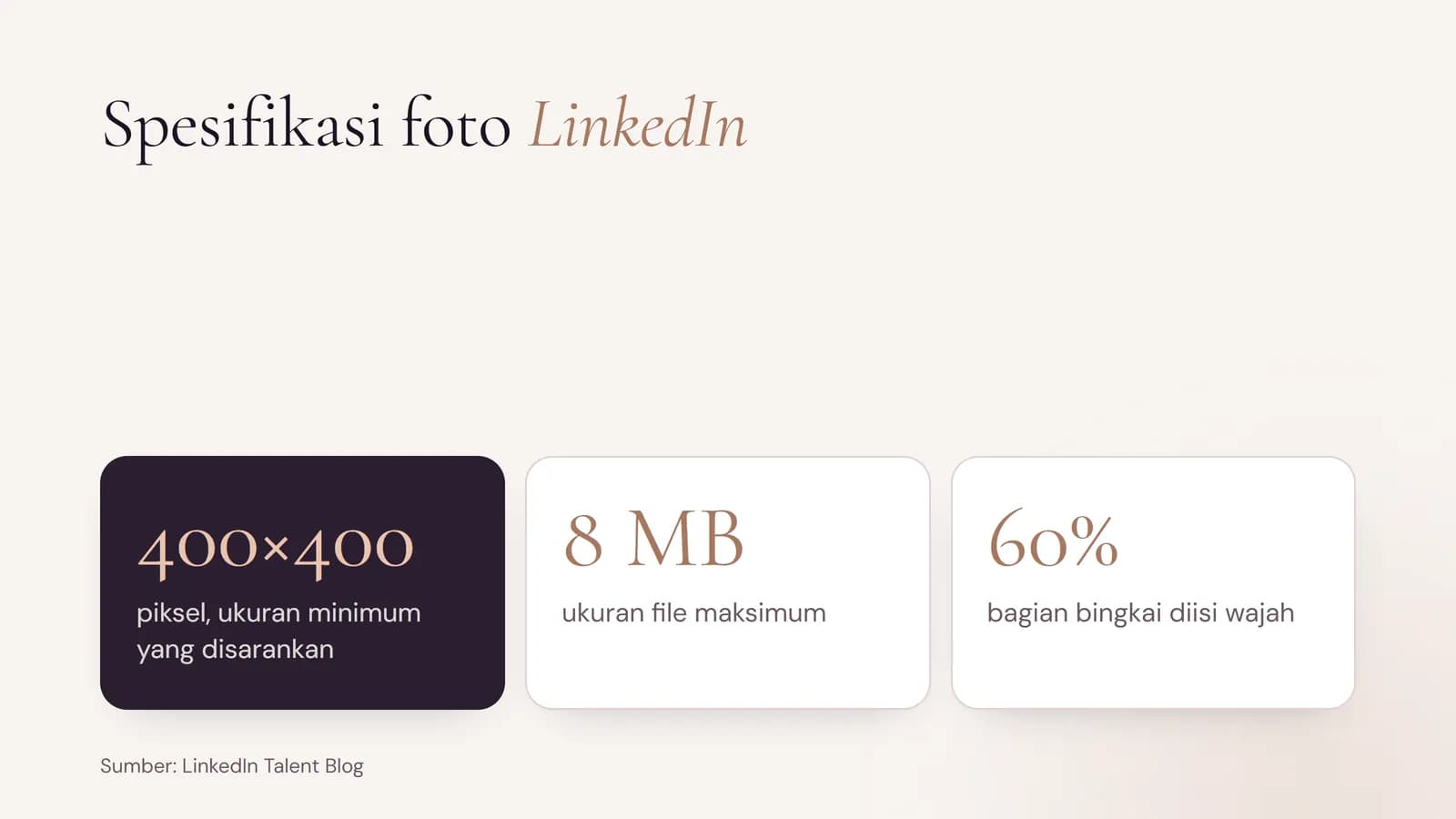 Spesifikasi foto profil LinkedIn: minimal 400 kali 400 piksel, ukuran file maksimal 8 MB, wajah mengisi sekitar 60 persen bingkai